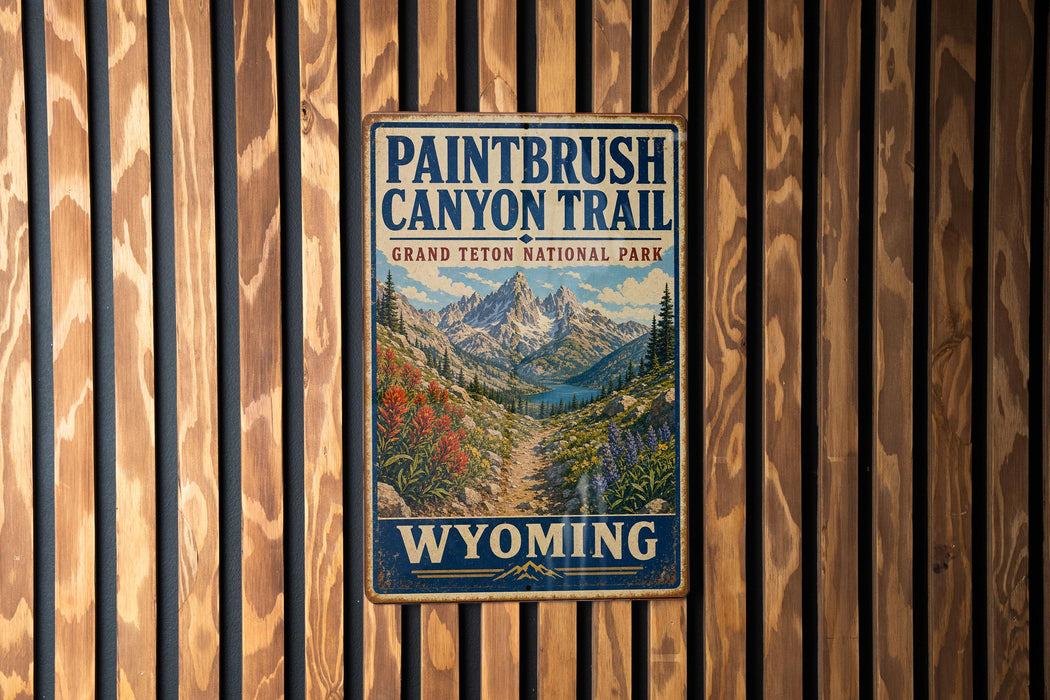 A vintage-style metal sign for the Paintbrush Canyon Trail in Grand Teton National Park, with a mountain landscape and text indicating the trail's name.