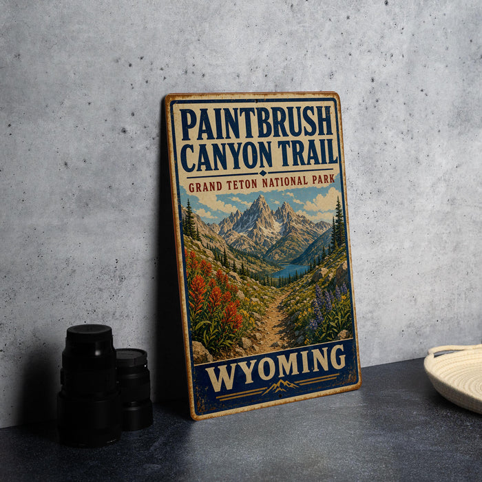 A vintage-style sign for the Paintbrush Canyon Trail in Grand Teton National Park, with a mountain landscape and a path leading through the scene.