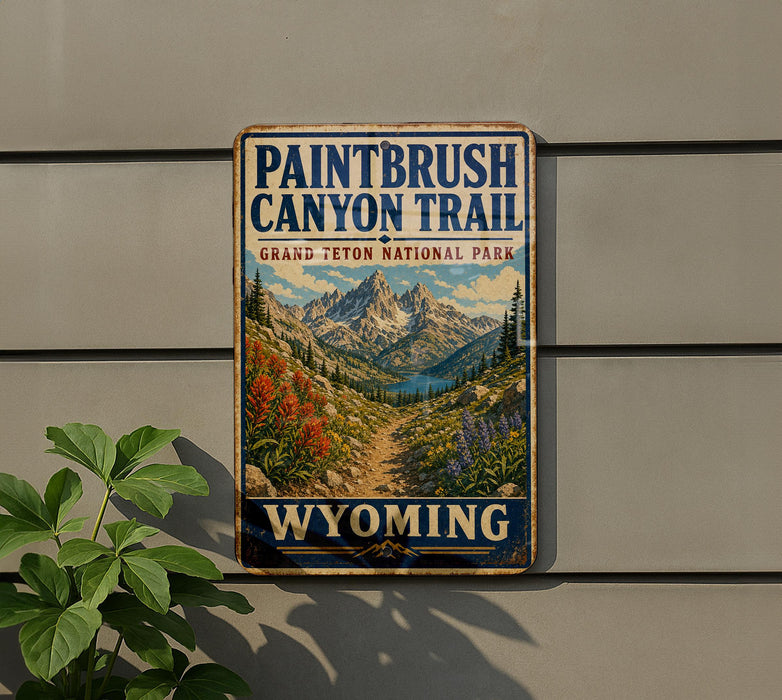 A vintage-style sign for the Paintbrush Canyon Trail in Grand Teton National Park, with a mountain landscape and colorful wildflowers.