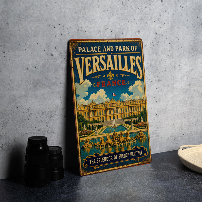 A vintage metal sign advertising the Palace and Park of Versailles in France, featuring an illustration of the palace and its gardens.