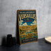 A vintage metal sign advertising the Palace and Park of Versailles in France, featuring an illustration of the palace and its gardens.