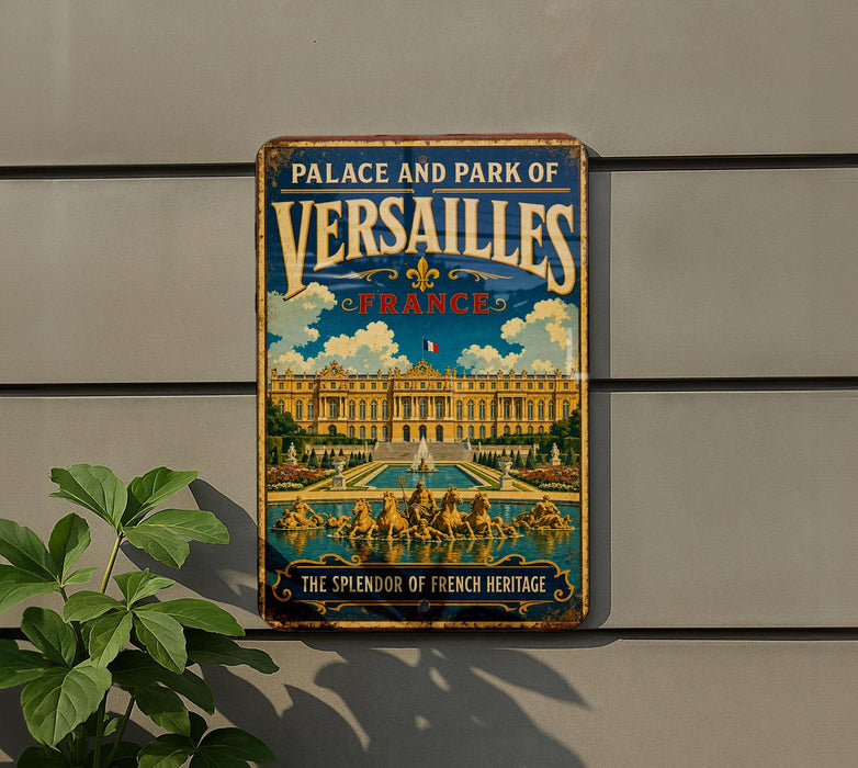 A vintage metal sign advertising the Palace and Park of Versailles in France, featuring an illustration of the palace and its gardens.