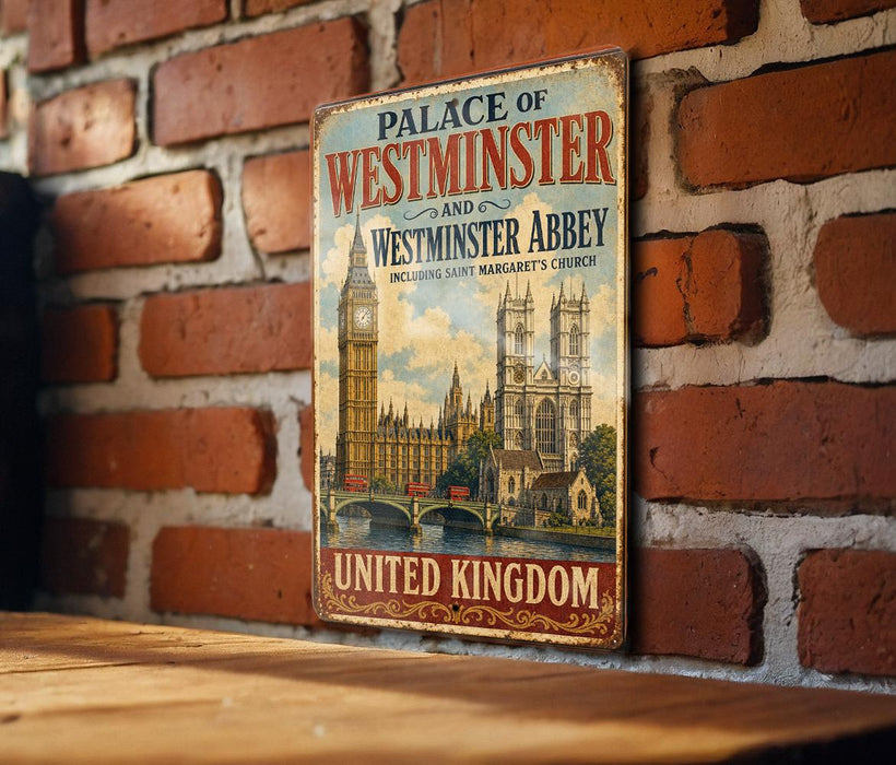 A vintage metal sign displaying the Palace of Westminster and Westminster Abbey, with the text "UNITED KINGDOM" and "WESTMINSTER ABBEY" prominently featured.