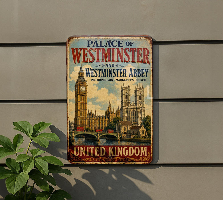 A vintage metal sign advertising the Palace of Westminster and Westminster Abbey in London, England.