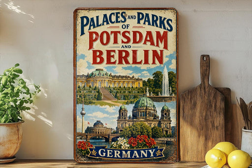 A vintage-style metal sign displaying the text "Palaces and Parks of Potsdam and Berlin" along with an illustration of the city's landmarks, including the Brandenburg Gate and the Brandenburg Palace.
