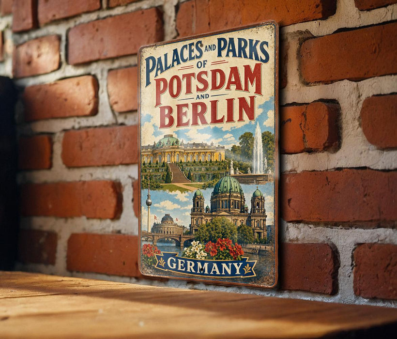 A vintage metal sign displaying the name of a park in Berlin, Germany, with a collage of images depicting the park's architecture and scenery.