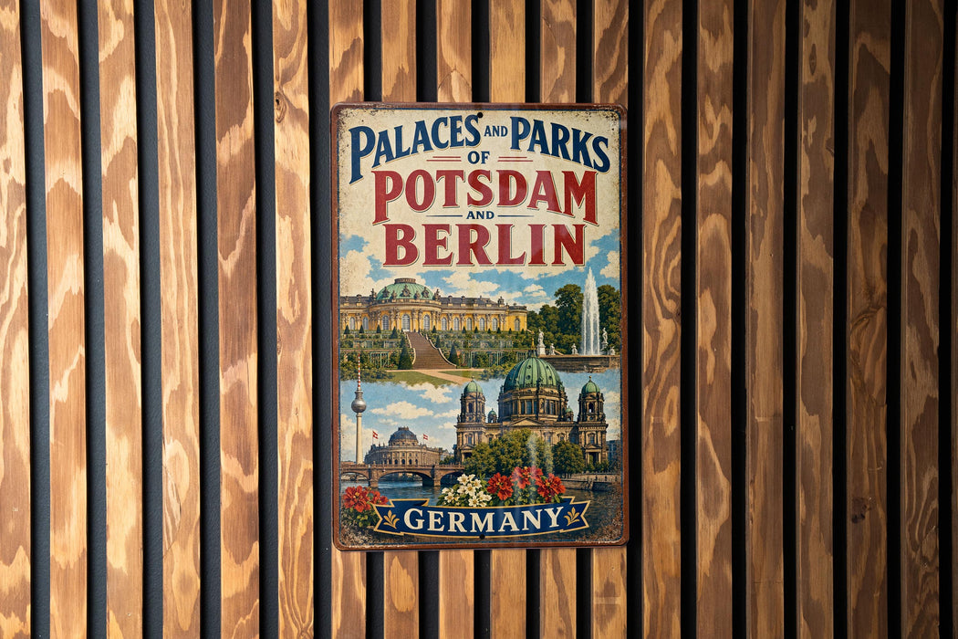 A vintage metal sign displaying the text "Palaces of Potsdam and Berlin" and "GERMANY" against a backdrop of a wooden fence.