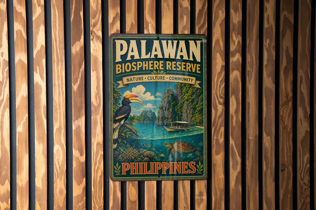 A vintage-style metal sign for the Palawan Biosphere Reserve, featuring a tropical landscape with a bird, a boat, and a tropical island.