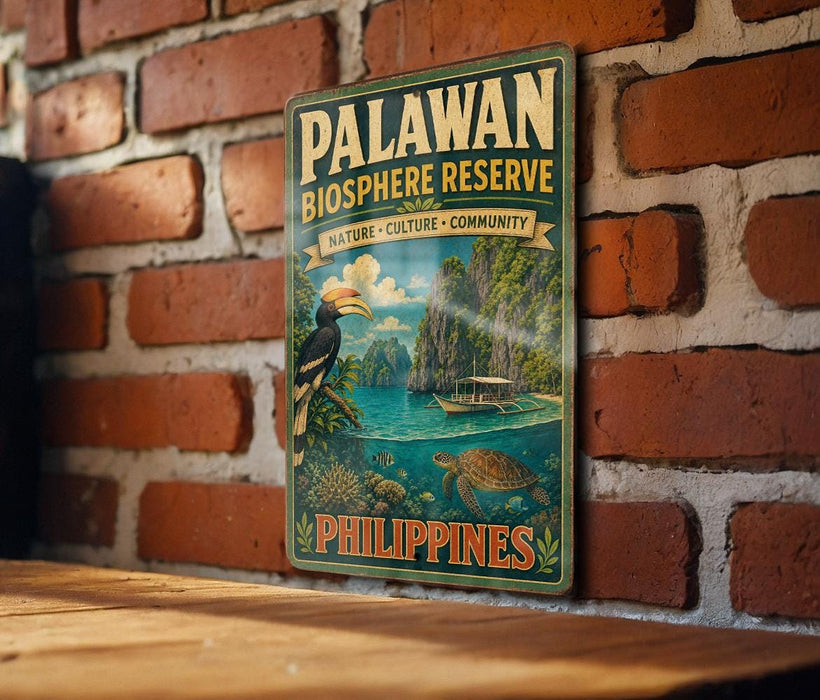 A vintage-style sign for the Palawan Biosphere Reserve, featuring a tropical landscape with a bird, a boat, and a coral reef.