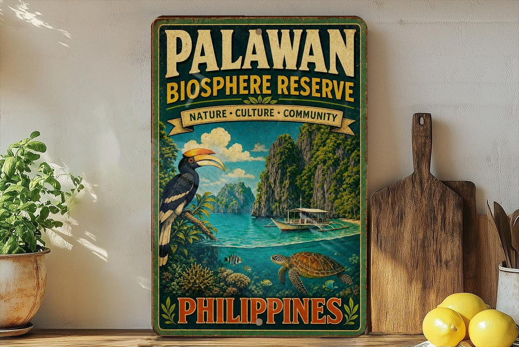 A vintage-style poster of the Palawan Biosphere Reserve in the Philippines, featuring a tropical landscape with a bird, a boat, and a turtle.