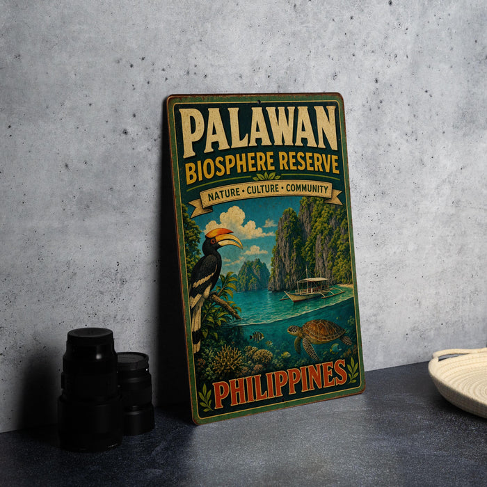 A vintage-style sign for the Palawan Biosphere Reserve in the Philippines, featuring a tropical landscape with a bird, a boat, and other natural elements.