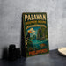 A vintage-style sign for the Palawan Biosphere Reserve in the Philippines, featuring a tropical landscape with a bird, a boat, and other natural elements.
