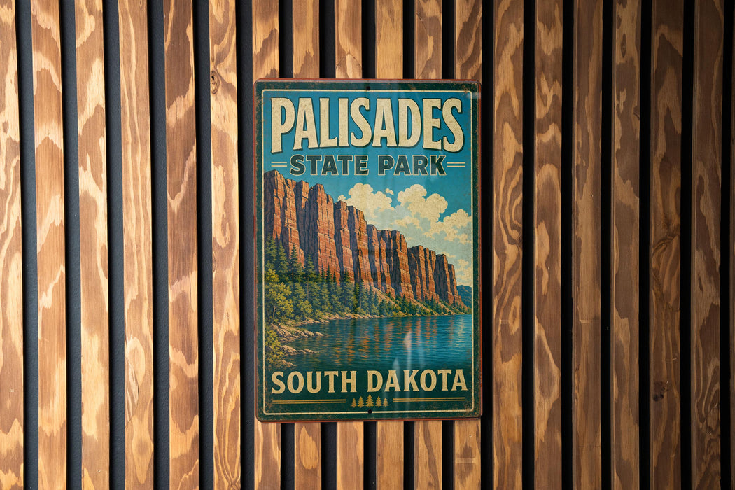A vintage metal sign for Palisades State Park in South Dakota, featuring a scenic mountain landscape.