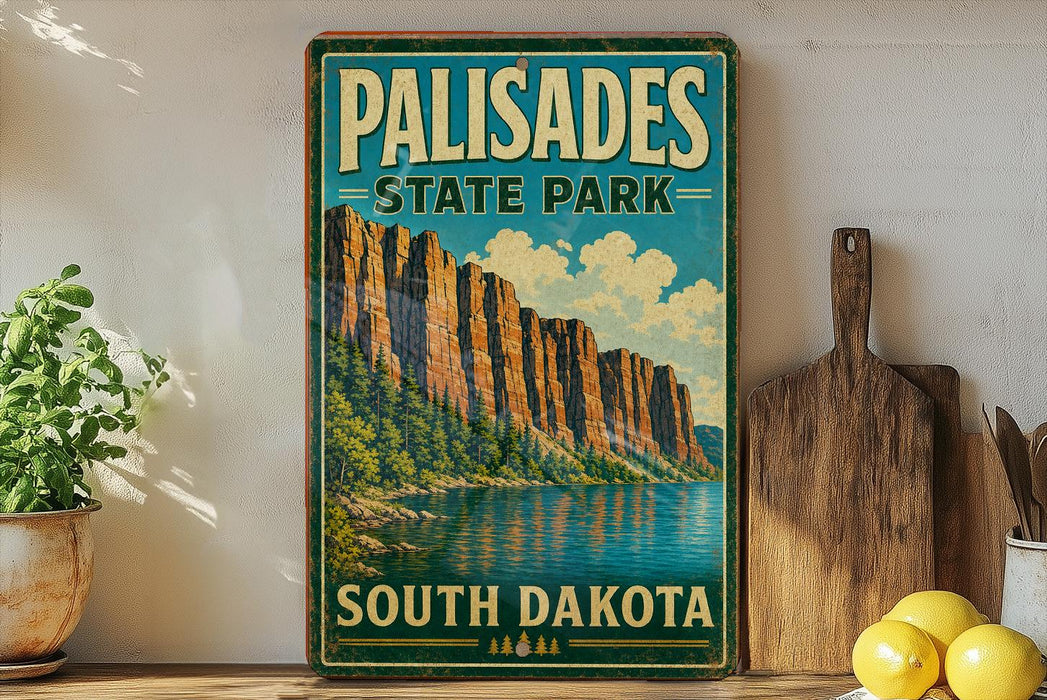 A vintage-style sign for Palisades State Park in South Dakota, featuring a scenic mountain landscape with a lake in the background.