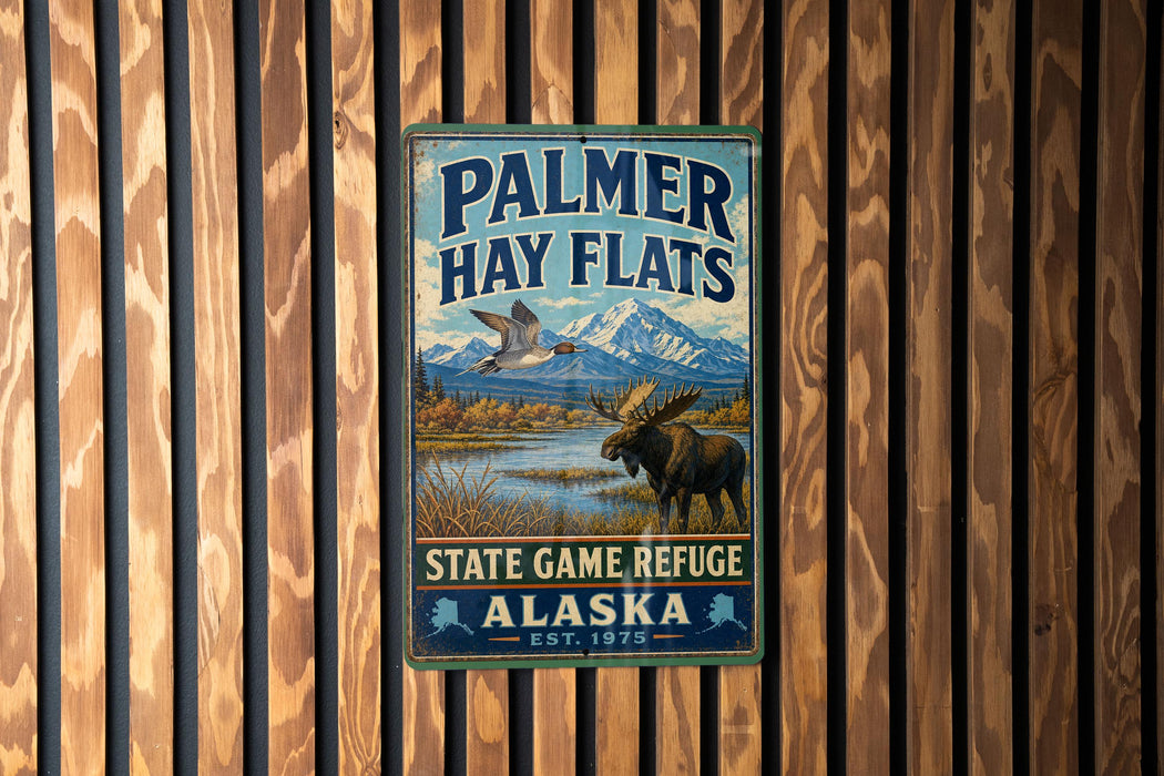 A vintage metal sign for Palmer Hay Flats, a state game refuge in Alaska, with a moose and a bird in the background.
