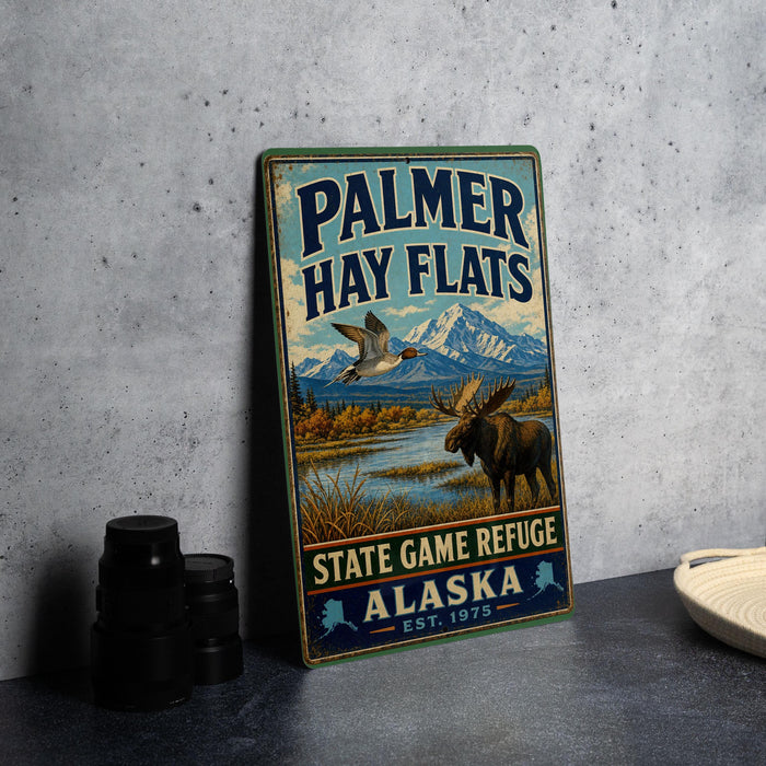 A vintage metal sign for Palmer Hay Flats, featuring a moose and a bird in a scenic landscape, with mountains in the background.