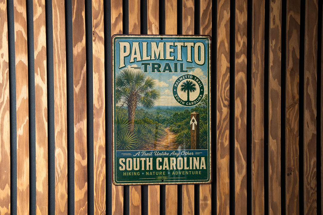 A metal sign with a tropical landscape and trail information is mounted on a wooden wall.