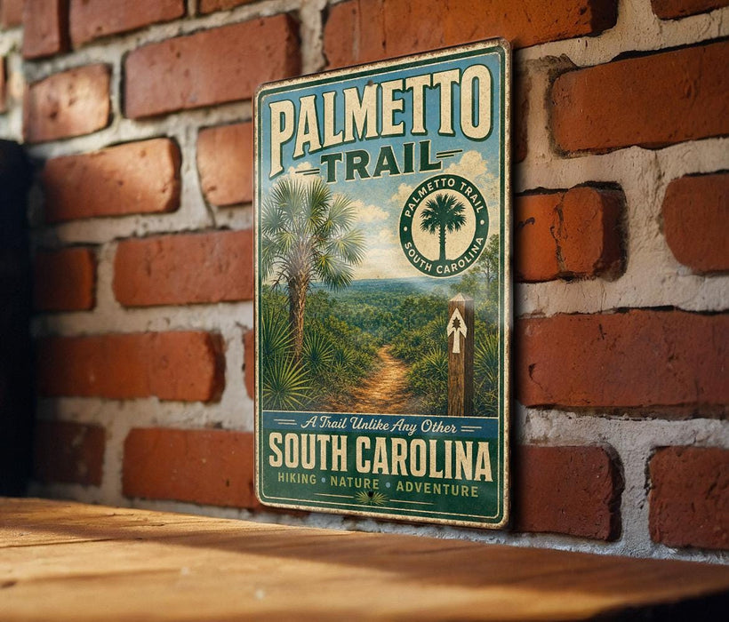 A vintage-style metal sign for the Palmetto Trail in South Carolina, featuring a palm tree and a trail map, mounted on a brick wall.
