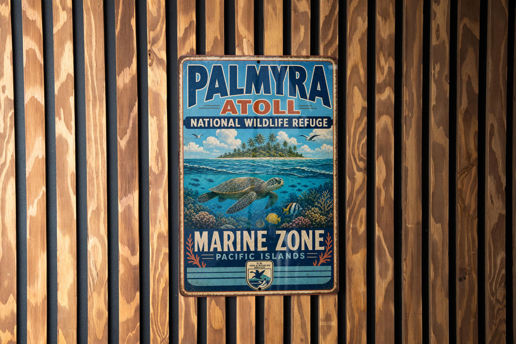 A metal sign with a tropical island scene and a sea turtle, mounted on a wooden wall.