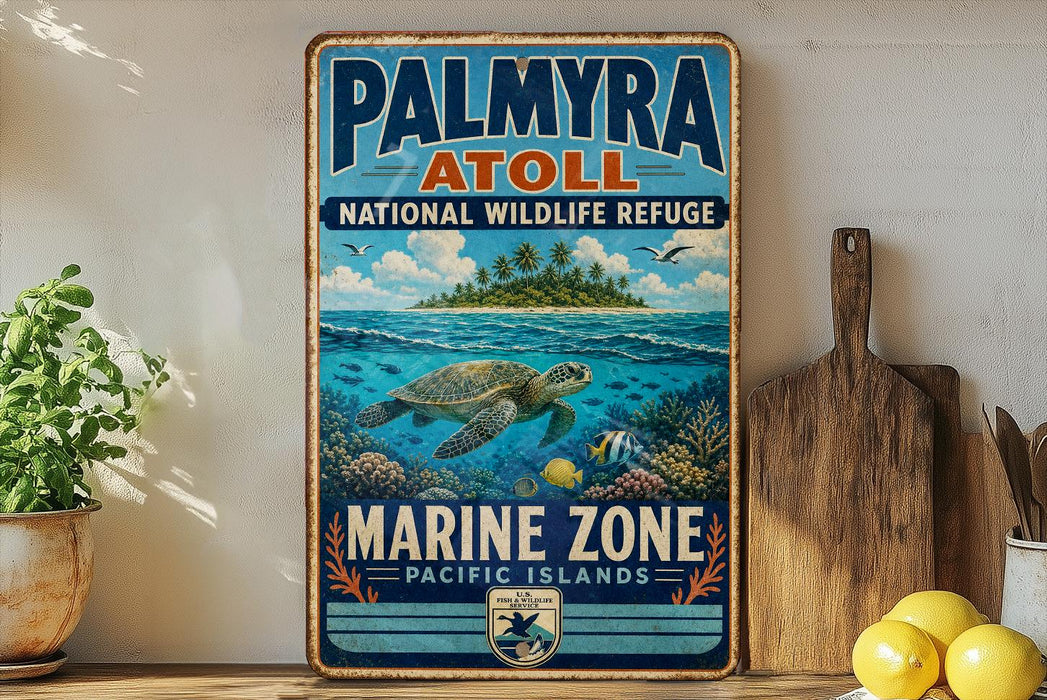 A vintage-style metal sign for the Palmyra Atoll National Wildlife Refuge, featuring an illustration of a sea turtle swimming in the ocean.