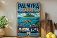 A vintage-style metal sign for the Palmyra Atoll National Wildlife Refuge, featuring an illustration of a sea turtle swimming in the ocean.