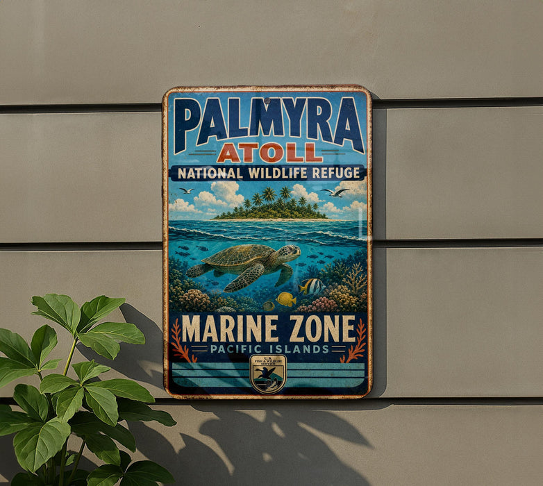 A vintage metal sign for the Palmyra National Wildlife Refuge, featuring a sea turtle and tropical island scenery, is displayed on a wall.