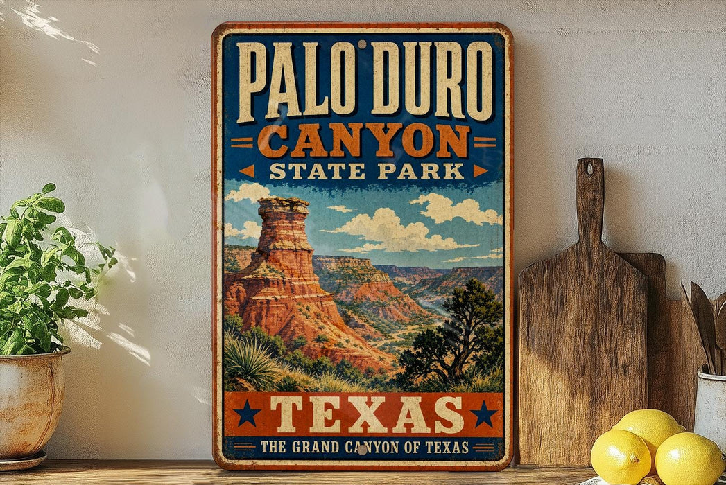 A vintage-style metal sign for Palo Duro Canyon State Park in Texas, featuring a scenic illustration of the Grand Canyon.