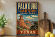 A vintage-style metal sign for Palo Duro Canyon State Park in Texas, featuring a scenic illustration of the Grand Canyon.