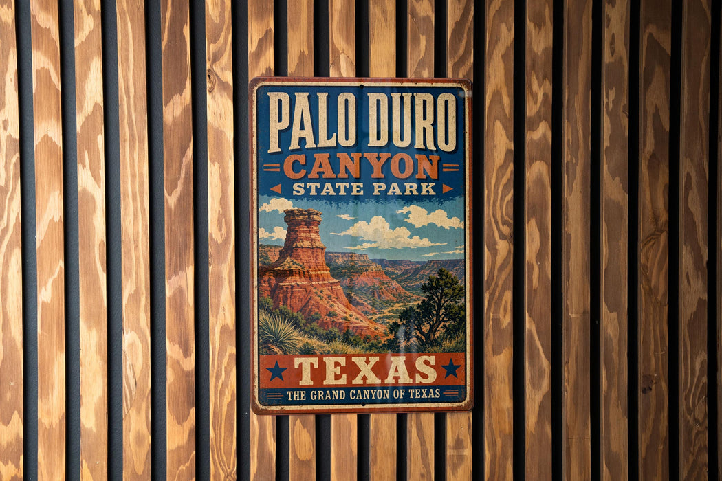 A vintage-style metal sign for the Palo Duro Canyon State Park in Texas, featuring a scenic illustration of the Grand Canyon.