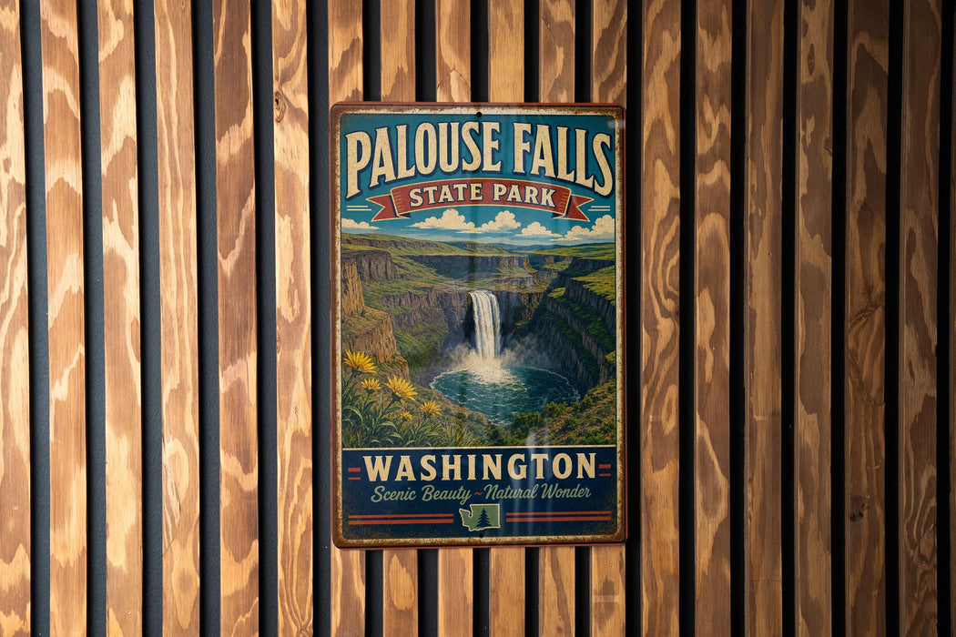 A vintage metal sign for Palouse Falls State Park in Washington, featuring a scenic waterfall and lush greenery.
