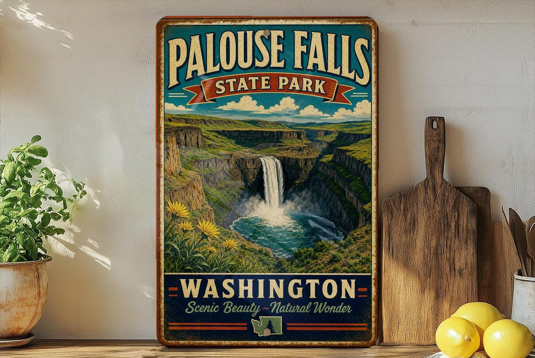 A vintage-style sign for Palouse Falls State Park in Washington, featuring a waterfall surrounded by lush greenery and a scenic view.