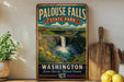 A vintage-style sign for Palouse Falls State Park in Washington, featuring a waterfall surrounded by lush greenery and a scenic view.