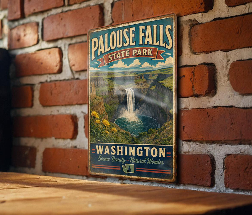 A vintage-style metal sign for Palouse Falls State Park in Washington, featuring a scenic waterfall and lush greenery.