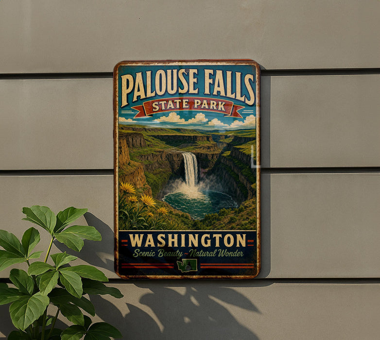 A vintage-style metal sign for Palouse Falls State Park in Washington, featuring a scenic landscape with a waterfall and lush vegetation.