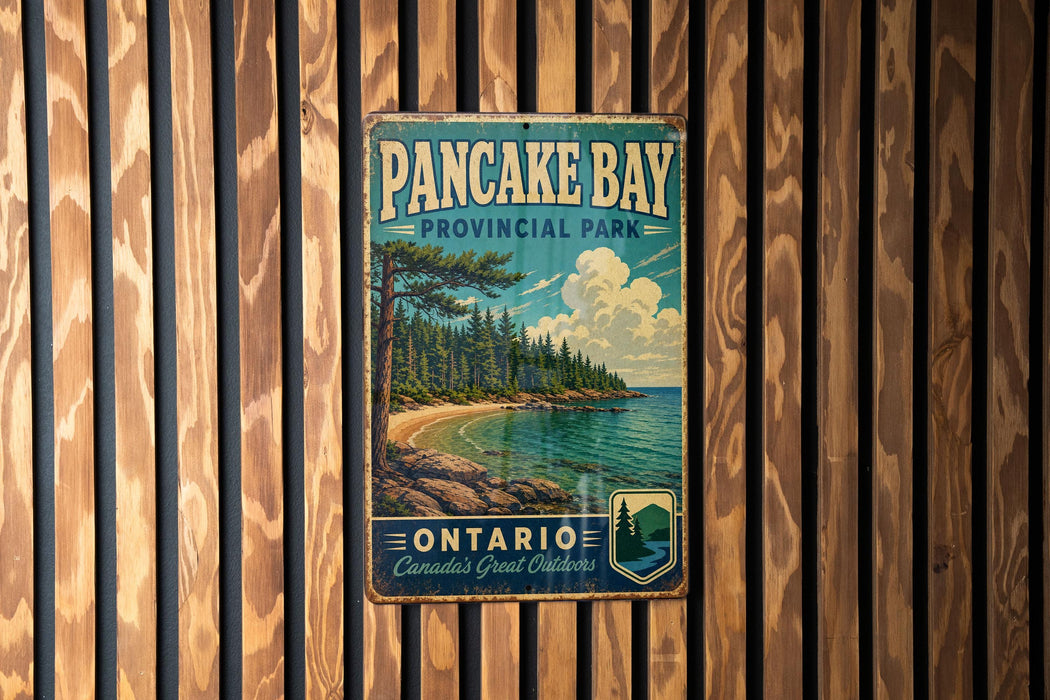 A vintage-style metal sign for Pancake Bay Provincial Park in Ontario, Canada, featuring a scenic landscape with pine trees, a beach, and a lake.