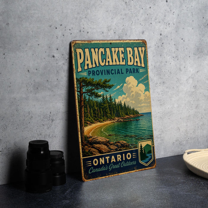 A vintage-style sign for Pancake Bay Provincial Park in Ontario, Canada, featuring a scenic landscape with pine trees, a beach, and a lake.