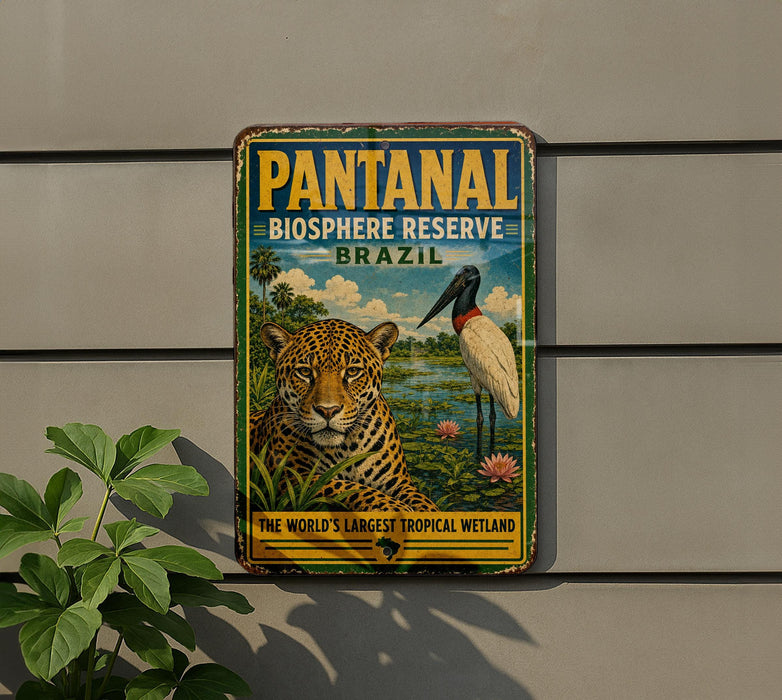 A vintage-style sign for Pantanal Biosphere Reserve in Brazil, featuring a leopard and a bird in a tropical landscape.