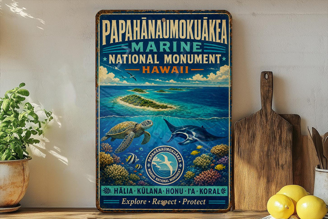 A vintage-style poster advertising the Papahanaumoku'a Marine National Monument in Hawaii, featuring a turtle, a shark, and a coral reef scene.