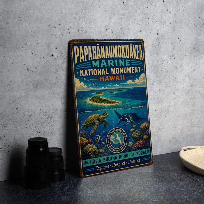 A vintage-style metal sign advertising the Papahanaumokuakea Marine National Monument in Hawaii, featuring an illustration of a tropical island, sea turtle, and coral reef.