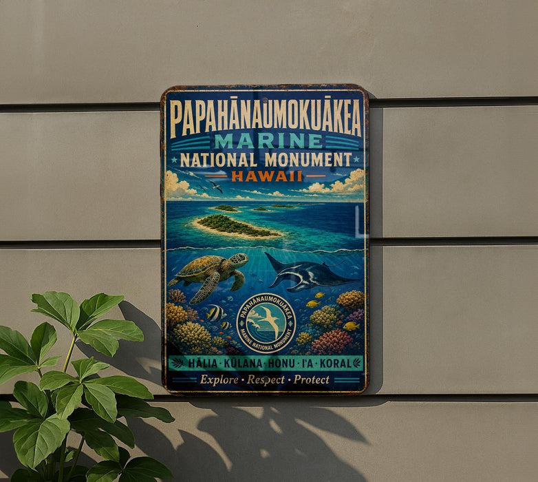 A vintage-style metal sign for the Papahanaumokea Marine National Monument in Hawaii, featuring an illustration of a sea turtle, a coral reef, and a kalua bird.