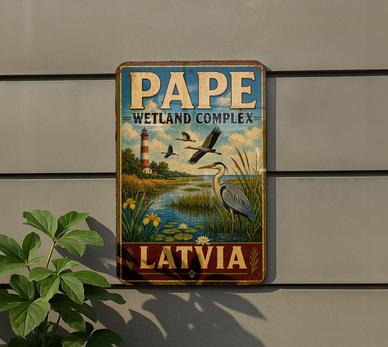 A vintage-style metal sign with a lighthouse and birds in a wetland, mounted on a gray wall.