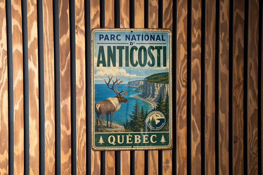 A vintage metal sign for the Park National of Anticosti, featuring a deer and a scenic landscape with cliffs and water.