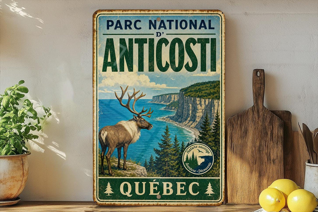A vintage-style metal sign for the Park National Anticosti in Quebec, featuring a reindeer and a scenic coastal landscape.