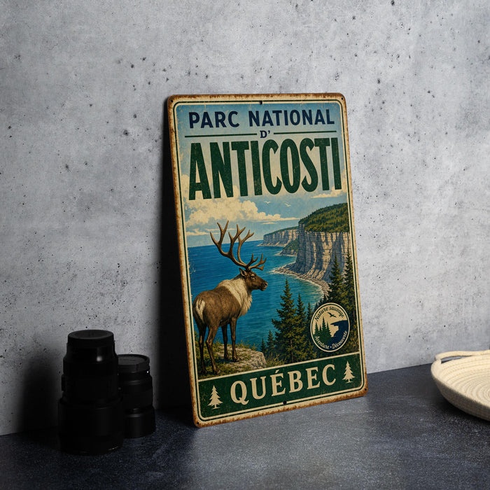 A vintage metal sign for the PARC NATIONAL D'ANTICOSTI, featuring a reindeer and a scenic landscape, is displayed on a gray concrete surface.