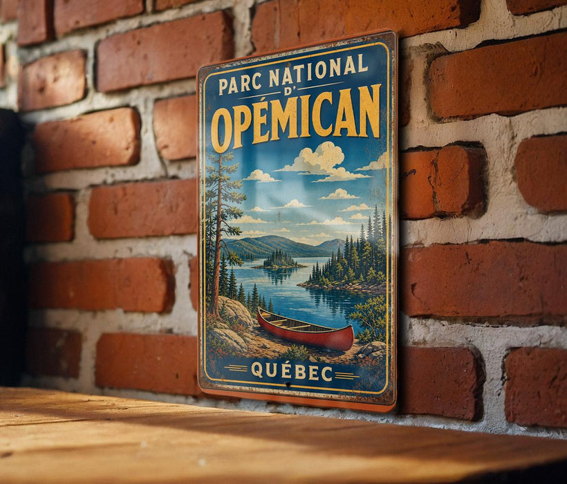 A vintage-style metal sign for the Parc National de Opecan, featuring a scenic landscape with a canoe on a lake, mounted on a brick wall.