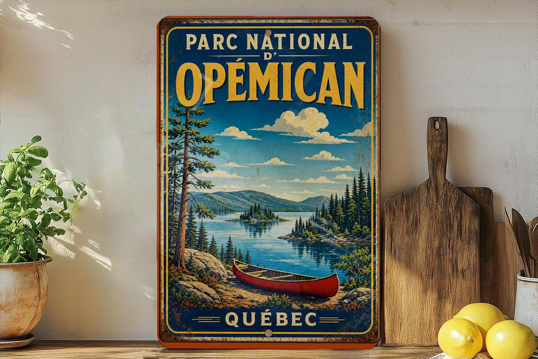 A vintage-style metal sign for the "Parc National d'Émpirean" in Quebec, featuring a canoe on a lake surrounded by pine trees and mountains.
