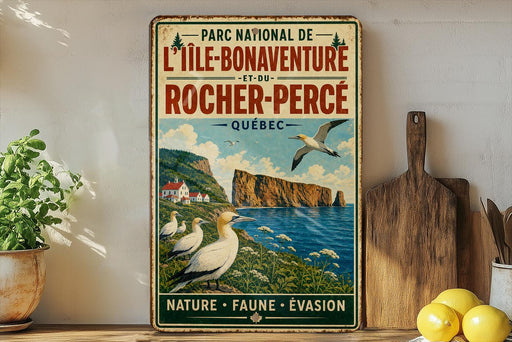 A vintage-style metal sign advertising the "L'Ile-Bonaventure et-du Rocher-Perce" in Quebec, featuring illustrations of birds, cliffs, and a body of water.
