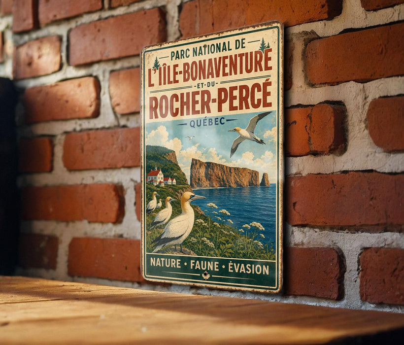 A vintage-style metal sign with a coastal scene, featuring a seagull, cliffs, and water, mounted on a brick wall.