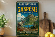 A vintage-style metal sign for the Porc National de la Gaspesie in Quebec, featuring a deer in a mountainous landscape.