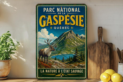 A vintage-style metal sign for the Porc National de la Gaspesie in Quebec, featuring a deer in a mountainous landscape.